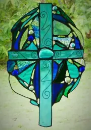 OCEAN BLUE CELTIC CROSS Authentic Stained Glass AUSTRALIAN HANDMADE SUNCATCHER
