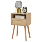 Rattan Nightstand Boho Side Table with Drawer Open Shelf Wood Accent Bedside End