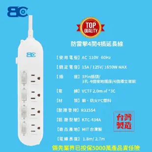 【BC 博銓】KTC-434A 4開4插3孔螺絲固定插座延長線15A 1.8米(L型貼壁式插頭/家用插座/安全插座/防雷擊)