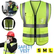 Hi Vis Safety Vest Reflective High Visibility Tape Zip Night Workwear Pocket NEW