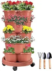 SpringUp 5 Tier Vertical Garden Strawberry Stackable Planters Herbs Petunias Pancy, Vegetable Planter Indoor Outdoor Gardening Pots with Removable Wheels and Tools (Brick Red)