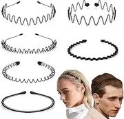 Metal Headband Mens Hair Band Non-Slip Sports Hair Hoop for Men Black Wavy Fashion Hair Band for Outdoor Weddings (6 PCS)