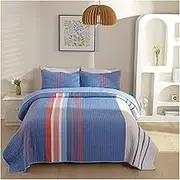 Stripe Quilt Set Queen Size 3 Pieces, Blue Grey Stripe Bedspread Coverlet Soft Lightweight Cotton Quilted Bedding Set (1 Quilt,2 Pillow Shams) (Color : E, Size : 250x230cm-50x70cm x2)