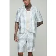 Mens Sage Tall Oversized Boxy Short Sleeve Check Satin Shirt & Short Set