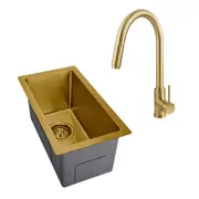 ACA 250x450mm Kitchen Sink With Tap Set Single Bowl Basin Handmade Stainless Steel Brushed Gold