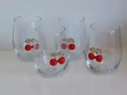 Set of 4 Rachel Zoe Design Red Cherry Stemless Wine Glasses BRAND NEW