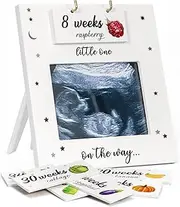 BUULUE Ultrasound picture Frame, Sonogram Picture Frame with Belly Bump Fruit & Vegetable Signs, Expecting Parents to be Unique Gifts for Pregnant Women, Pregnancy Milestone to Track Baby Grow, White