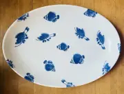 Crate & Barrel Fishy Oval Platter Dinner Plate Blue White 12 3/4 x 9 Never Used