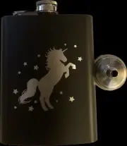 Unicorn Engraved Black Stainless Steel 8 Oz hip flask funnel included.