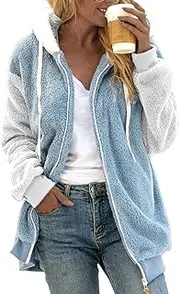 [Suhorseful] Women's Fleece Jacket Winter Fuzzy Hooded Color Block Long Sleeve Full Zip Sherpa Outerwear with Pockets