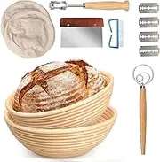 10" 9" Bread Banneton Proofing Basket for Sourdough 2 Set with Dough Bowl, Metal Dough Scraper, Bread Lame, Linen Liner Cloth and Cleaning Brush - Bread Tools Dough Gifts, Home Bread Bakers