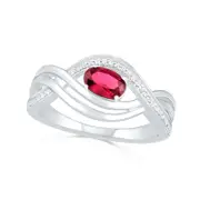Sideways Oval Lab-Created Ruby and 0.07 CT. T.W. Diamond Multi-Row Bypass Split Shank Ring in Sterling Silver