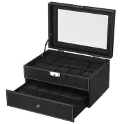 Watch Display Organizer Lockable Box for 20 Slots Mens Case with Glass Top Black