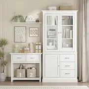 Merryluk Console Table and Display Cabinet with Glass Doors,White 2-Drawer Entryway Hallway Side Table Glass Cabinet Display Case for Home, Office, Clinic, Pantry, Assemble Required