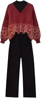 [Generic] Women's Fake Two-Piece Sweater Tops And Wide Leg Pants Set Holiday Lounge Sets Tracksuits Valentine Knitwear Sets