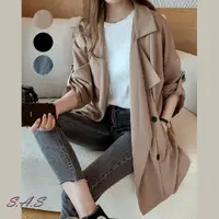 在飛比找momo購物網優惠-【SAS】韓版OL薄款中長風衣外套(3色可選 風衣 薄外套 
