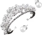 [PLAFOPE] 1 Set Pearl Crown Earrings Kit Baroque Tiara Hair Decor Accessory for Women Elegant Wedding Headband for Special Occasions Cosplay Prom and Anniversaries