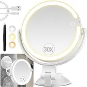 PEDOMIROR Cosmetic Mirror 30x Magnifying Mirror with Suction Cup and Lighting, Makeup Mirror No Drilling with LED Light Large Mirror Wall Mounted Magnification Mirror Illuminated Suction Cups