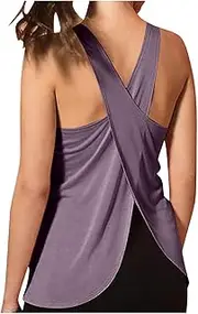 [Akklian] Women's Open Back Workout Tops Cropped Loose Fitness Soft Yoga Tank Tops Backless Athletic Shirt Gym Camisole Tops