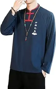 [Aoleaky] Vintage Men Shirt Cotton Kung Fu Clothe Solid Mandarin Collar Streetwear Blouse Chinese Traditional Casual Shirt