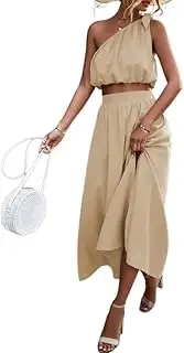 [Generic] Women's 2 Piece Outfits Tie Knot One Shoulder Tank Top High Waist Side Split Boho Maxi Skirt