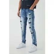 Mens Blue Skinny Stretch Ripped Jeans