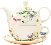 [Bicuzat] Fnie Bone China Teapot, Teacup and Saucer Set Birds and Flowers Teapot For One Set with Tea Cup and Saucer