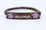 Coconut Shell Bracelet "Aloha" Tag -7", Dark Brown Shell (Thin), Purple Plumeria