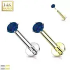 Blue sapphire 14K Gold Threadless Push-in Labret 18 GAUGE, Flat Back Stud