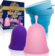 Talisi Reusable Menstrual Cup - Feminine Period Cup Set of 2 Small Large size - Soft Flexible Medical-Grade Silicone - w/Collapsible Sterilizing Foldable Sterilizer - Women Sensitive Heavy Flow Fit
