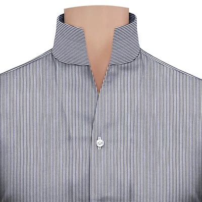 Karl Lagerfeld Style Mens High Open V Collar Navy Blue Pinstripes Designer Shirt