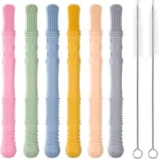 6-Pack Hollow Teether Tube & Chew Straw Sensory Toy - Silicone Teething Toys for