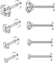 [Kakonia] 4 Pairs 16G Stainless Steel Labret Jewelry Stud for Women Men Tragus Piercing Jewelry Stud Earrings 2/3/4/5 MM Cubic Zirconia Opal Monroe Nose Lip Ring Helix Piercing Body Medusa Jewelry