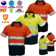 3 PACK Hi Vis Work Shirt Light Cotton Drill Safety Short Vents Back Cape 3M Tape