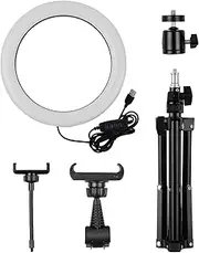 10 Inch Metal Ring Light 3 Lig ng Modes 10 Levels USB Powered with 50cm Light Stand + Ballhead Adapter + 2pcs Phone Holder for Live Streaming Video Recording Network Broa t Black 50cm Light Stand