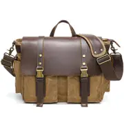Leather Waxed Canvas Crossbody Bag For Outdoors Khaki Bags