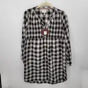Knox Rose Womens Small Dress Black White Plaid ButtonUp Peasant Boho Stretch NWT