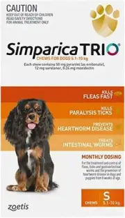 Simparica Trio Flea, Tick and Worming Chews for Dogs 5.1-10 Kg, Orange (Pack of