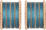 [Efulgenz] Indian Bridal Bangles Set Faux Pearl Beaded Rhinestone Traditional Crystal CZ with Plain Glossy Metal Bangles Bracelet Wedding Jewelry Fashion Costume Accessories for Women (34 Pcs) Size 2.4