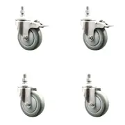 4 Inch 316SS Gray Polyurethane 3/8 Inch Threaded Stem Caster Set 2 Lock Brake
