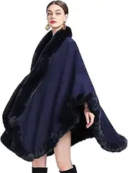 [Obosoyo] Wrap Cape Women Faux Fur Collar Shawl Knit Poncho Cloak Cardigan Coat Evening Dress