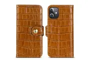 For iPhone 12 mini Case Genuine Leather Crocodile Texture Wallet Cover Brown
