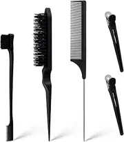 UTSAUTO 5 Pcs Hair Brush Set Edge Brush, Teasing Hair Brushes Rat Tail Combs Set with Duckbill Clips for Women Girls Men Styling, Combing, Slicking Hair, (Black)