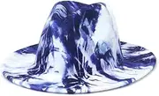 [Hcclijo] Spring Wide Brim Fedora Hat Ink Painting Printing Women Men Wool Felt Hats Tie-Dye Formal Jazz Panama Hat