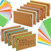 wonkeken Flash Card 11 Pack 550 Pcs Revision Cards 5 * 3 Inch A7Ruled Index Cards with Horizontal Lines 10 Colors Kraft Paper Notecards with 11 Metal Binder Rings for Office School Home Study Record