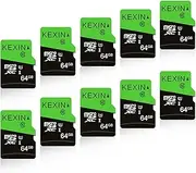 KEXIN 64GB Micro SD Cards SD Adapter 10 Pack MicroSDHC Memory Card Class 10 UHS-I External Micro SD Card TF Card for Tablet, Smartphone, Drone, Dash Cam, Camera, Monitor (64 GB, Black Green)