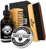 Beard Grooming Kit for Men - Bamboo Travel Set with Brush, Comb, Oil & Balm for