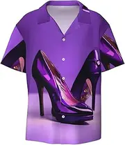 [HVTTIOR] Elegant Purple High Heels with Lipstick Print Short Sleeve Shirt Cuban Collar Beach Casual Style Summer Vacation Relaxed Fit