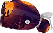 [WOSHJIUK] Working Hat 2 Pack Scrub Caps for Women,Full Moon Witch Happy Halloween,Tie Back Cap Adjustable Scrub Hat