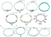 [IFKM] Woven Silver Beach Anklets For Women Girls Adjustable Handmade Surfer Wave Ankle Bracelets Set Beads Starfish Shell Turtle Conch Boho Ankle Foot Jewelry For Summer